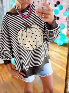Striped Black & White Sweater with Polka Dot Pumpkin